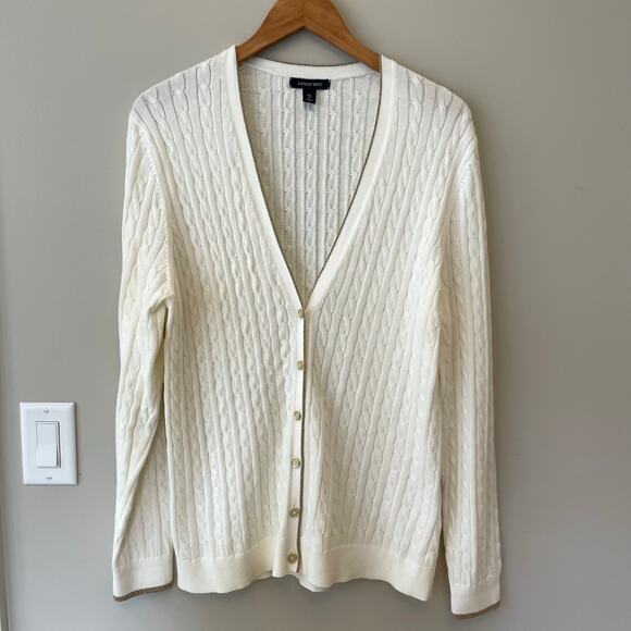 Lands' End Ivory Gold Trim Cable Knit Cardigan XL/18 Soft Lightweight Holiday - Picture 1 of 9